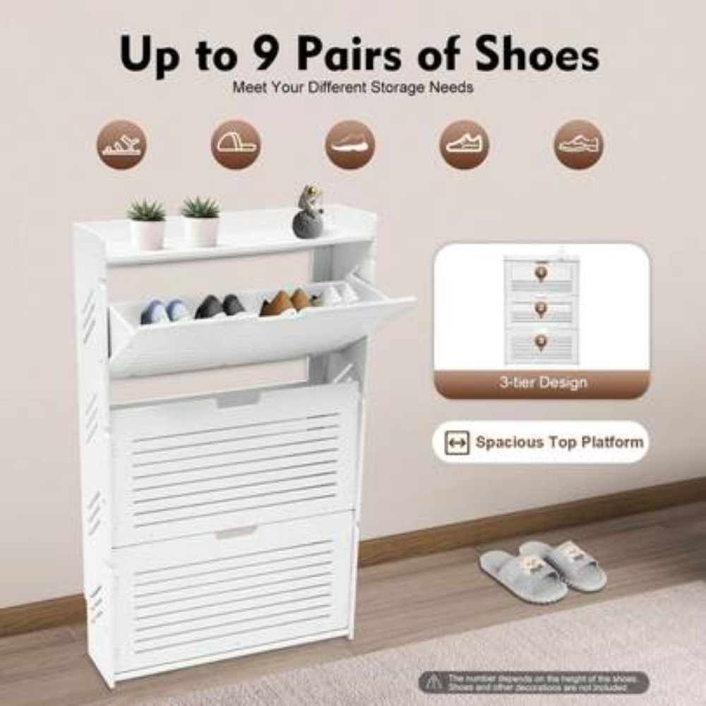 Shoe Rack Cabinet Narrow Entryway - モダンな靴収納キャビネット、3層式フリップアップ式ホワイトシューズラックオーガナイザー、玄関、廊下、リビングルーム用、超薄型幅27.56インチまたは19.29インチ、省スペースコンパクトシューズラック、組み立て簡単