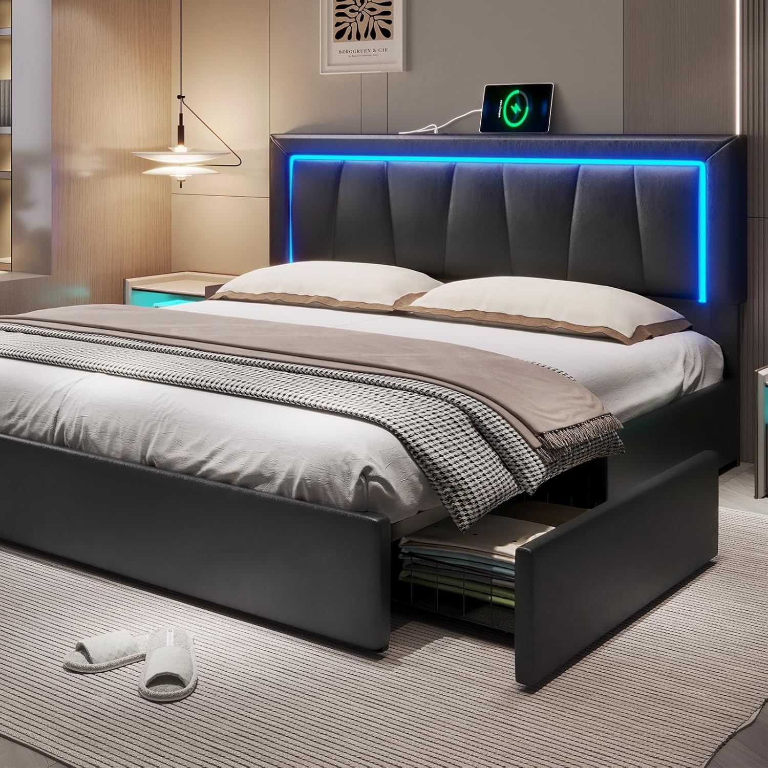 King Size Bed Frame With Storage Drawers - カリフォルニアキングサイズベッドフレーム、下部に4つの収納引き出し付き、人工皮革張りプラットフォームベッド、カスタムメイド