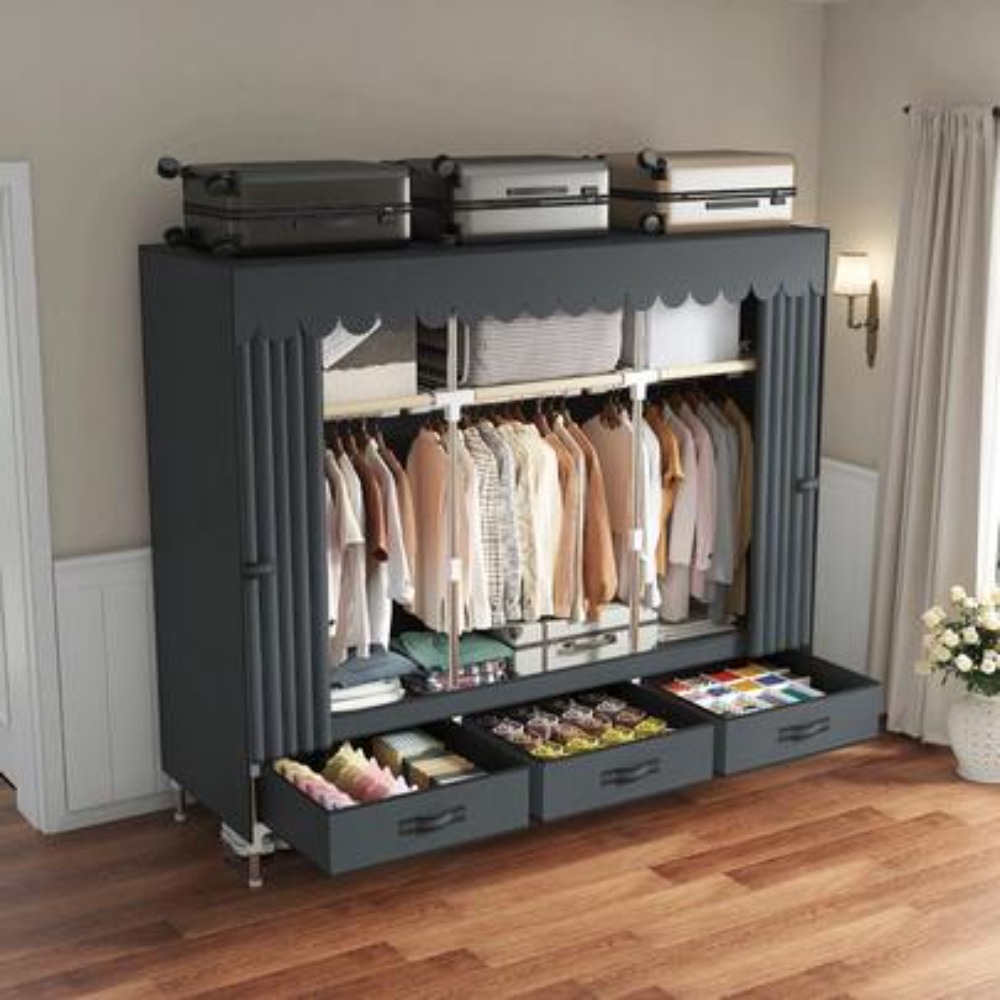 Wardrobe Closet Portable Fabric Cover - ポータブルワードローブクローゼット、16mmの頑丈なスチールフレーム、不織布カバー、3本のハンガーロッド、3段の棚、3つの引き出しを備えた自立型衣類ラックオーガナイザー、寝室、寮、アパート向けの頑丈な金属製衣類ラック、組み立て簡単