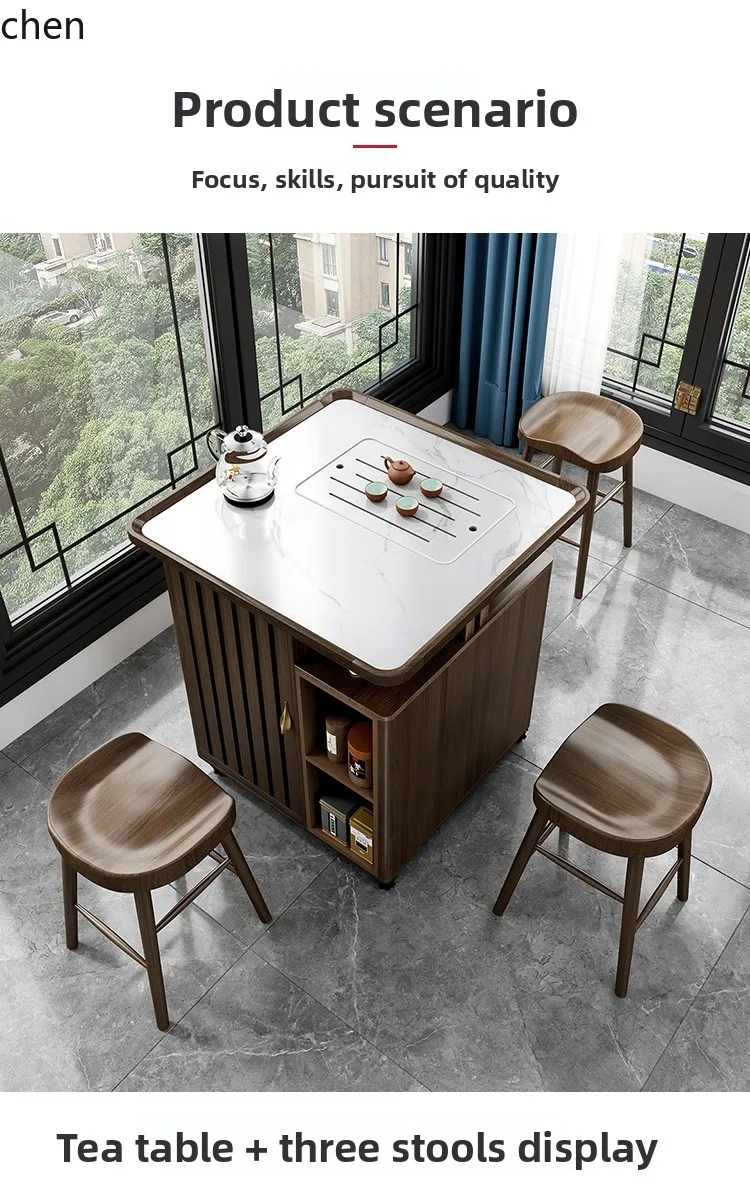 Chairs - i5.15 バルコニーティーテーブルと椅子セット（車輪付き、石板と無垢材使用）、小さな家に最適、禅スタイルティーカート
