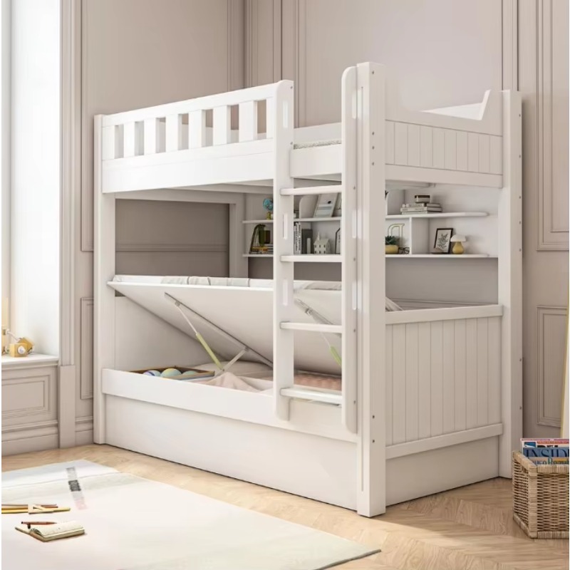 Bunk Bed With Stairs And Slide - 子供用木製収納付き二段ベッド、階段付きキャビネットとスライド付き、子供用無垢材寝室セット、ロフトベッド