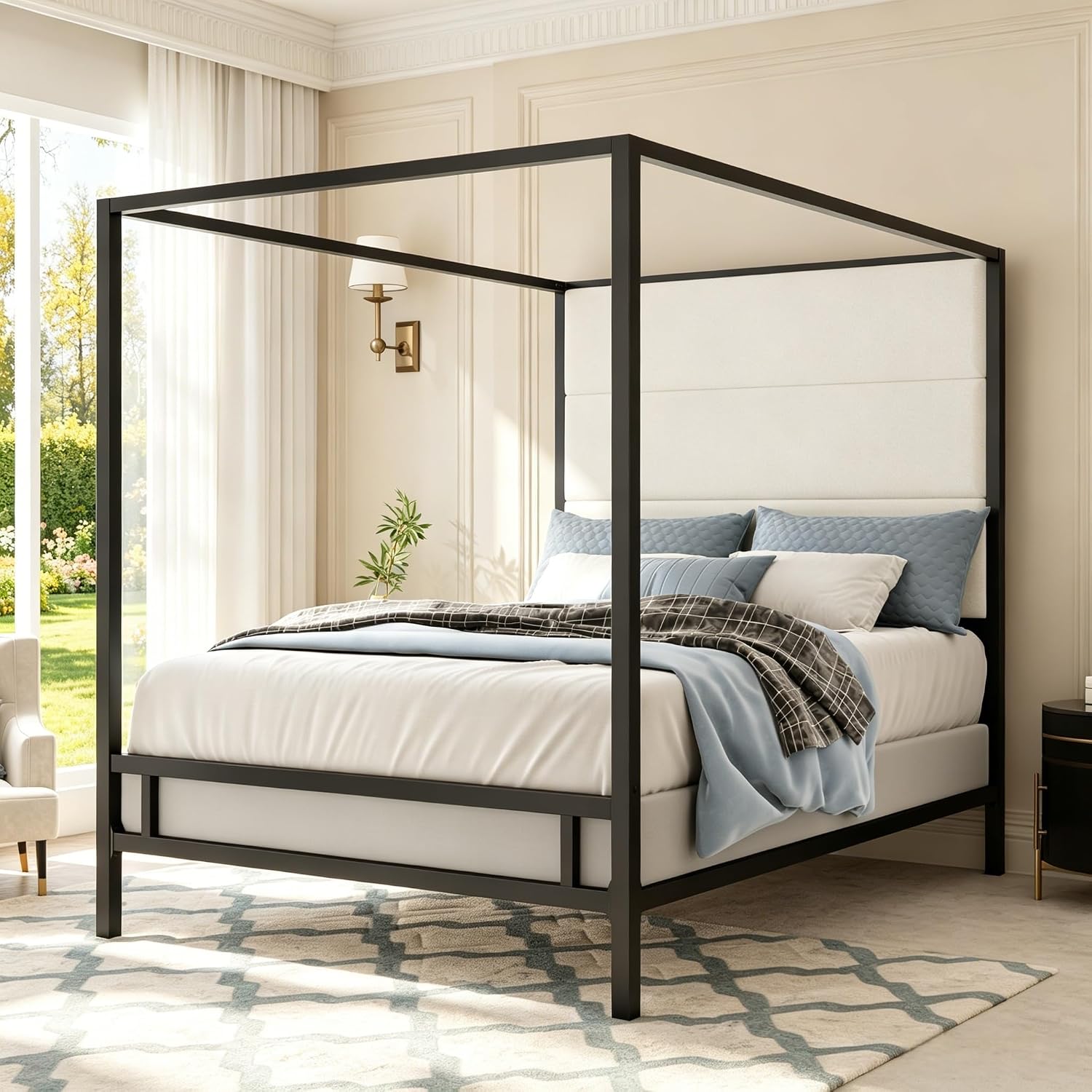 Canopy Bed Frame Metal Queen - クイーンサイズの天蓋付きベッド、背の高いベルベット張りの金属製4柱式プラットフォームフレーム、ボックススプリングが必要、組み立て簡単、カスタマイズ可能