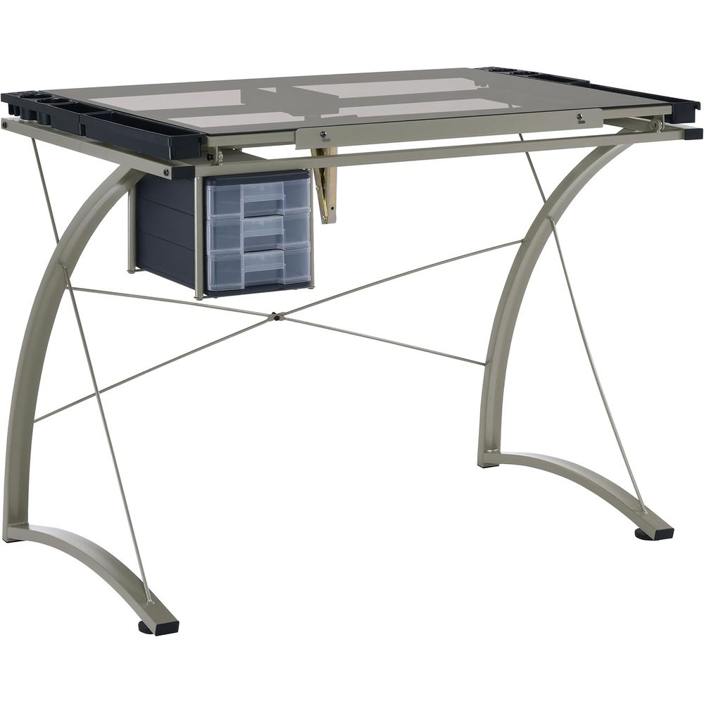 Tables - 41インチの金属とガラス製製図台、角度調整可能、3つの引き出し、鉛筆トレイ、収納付き - シルバー