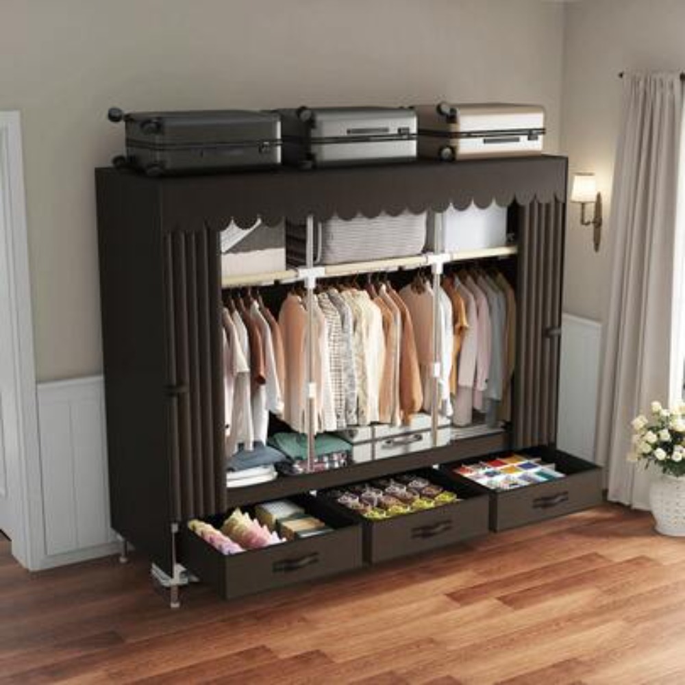Wardrobe Closet Portable Fabric Cover - 16mmスチールフレームのポータブルワードローブクローゼット、不織布カバー付き自立型クローゼットオーガナイザー、3本のハンガーロッド、3段の棚、3つの引き出し付き、寝室、寮、アパート用の金属製衣類ラック、組み立て簡単