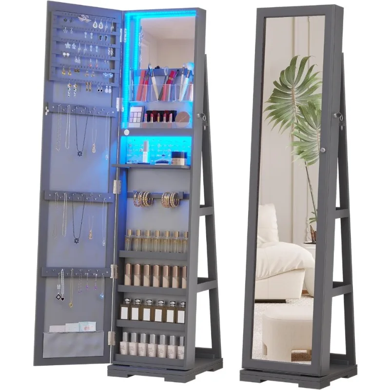 Full Length Mirror Jewelry Armoire - LEDジュエリーアルモア、全身鏡付き、ロック可能な収納付きミラー、3色ライト付き、360度回転 ° 回転式ジュエリーキャビネット