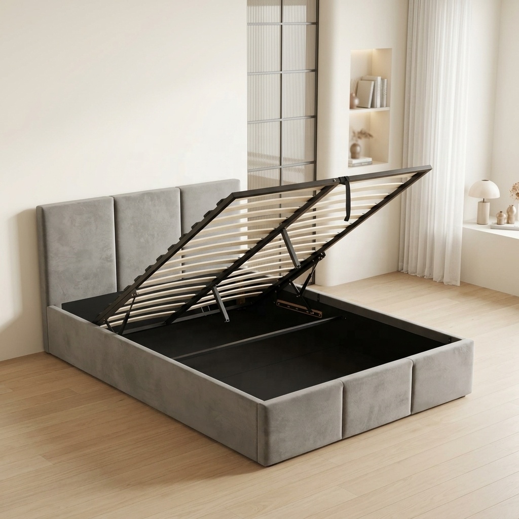 Gas Lift Storage Bed Hydraulic - 無料サンプル モダンなソフトベッド プラットフォーム パインウッド ガスリフト 油圧式収納フレーム