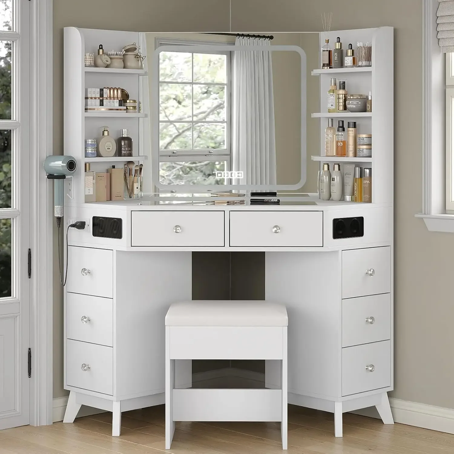 Dressing Table Vanity With Lighted Mirror - コーナーバニティデスクスピーカー付き引き出し棚メイクアップガラストップミラーライトドレッシングテーブル寝室用ホワイト