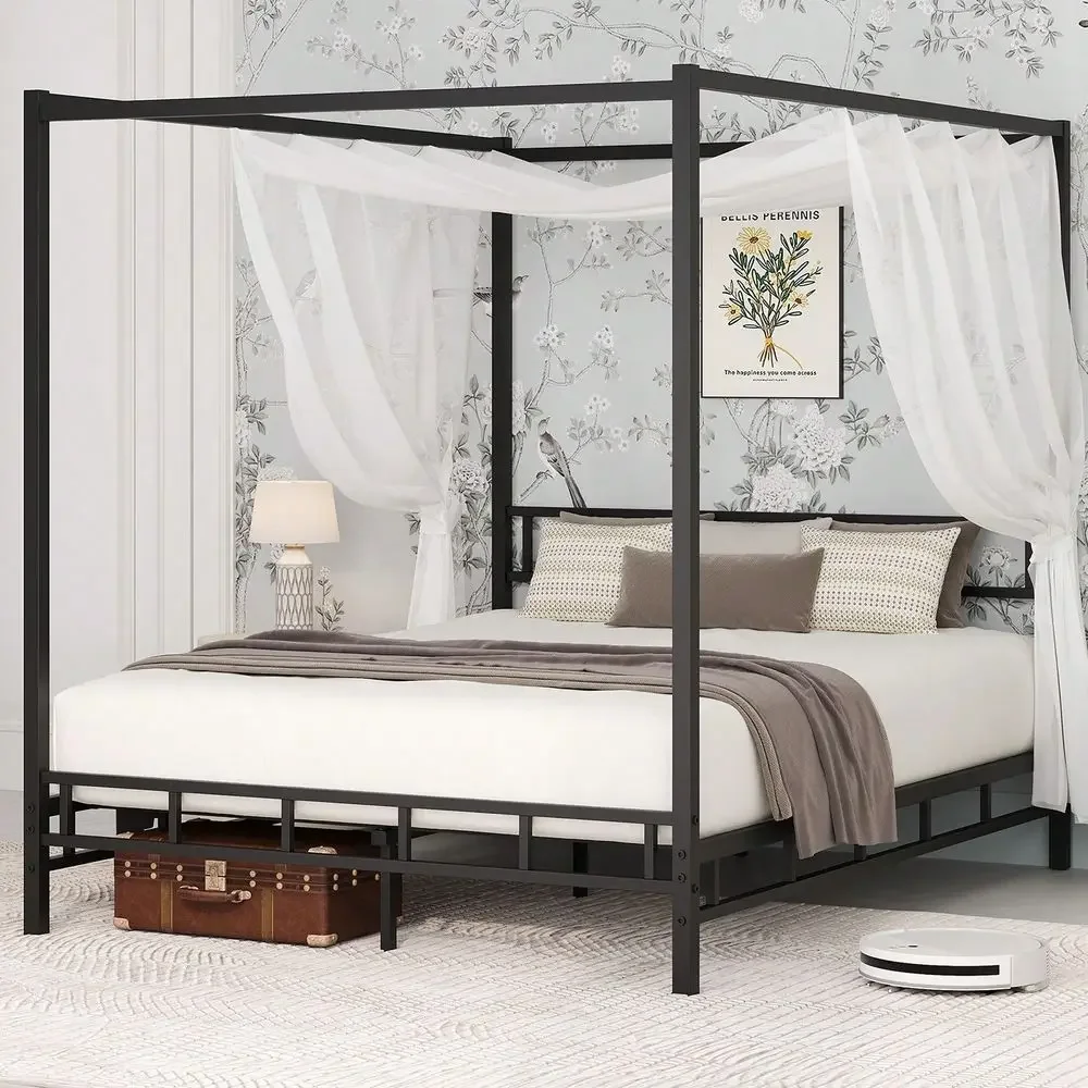 Canopy Bed Frame Metal Queen - 金属製キャノピーベッドフレーム、金属製スラットサポート付きクイーンベッドフレーム、マットレスファンデーション、ボックススプリング不要、組み立て簡単、ベッド