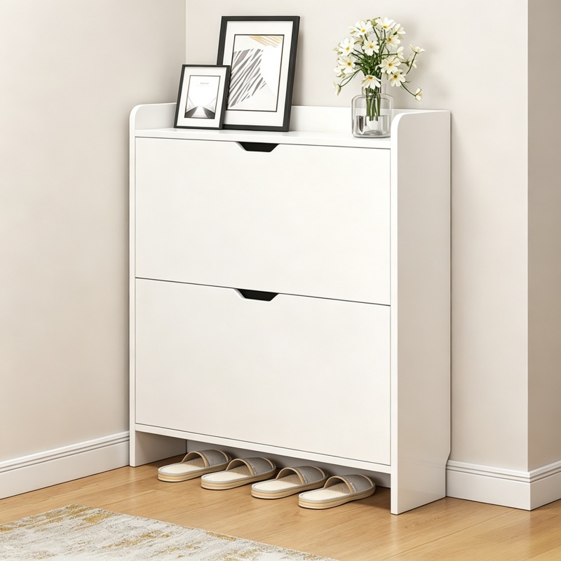 Shoe Rack Cabinet Narrow Entryway - 2段式木製靴収納キャビネット、跳ね上げ式引き出し付き、省スペース靴収納キャビネット、玄関収納用跳ね上げ式靴ラック