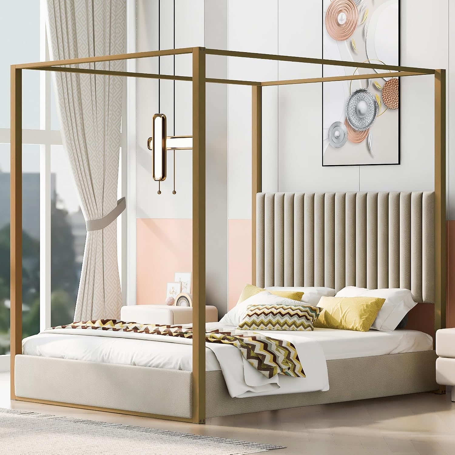 Canopy Bed Frame Metal Queen - モダンなキャノピー型プラットフォームベッド、クイーンサイズ、チャネルタフテッドの布張りヘッドボード、ゴールドメタルフレーム、頑丈なスラット、ベージュ、カスタマイズ可能