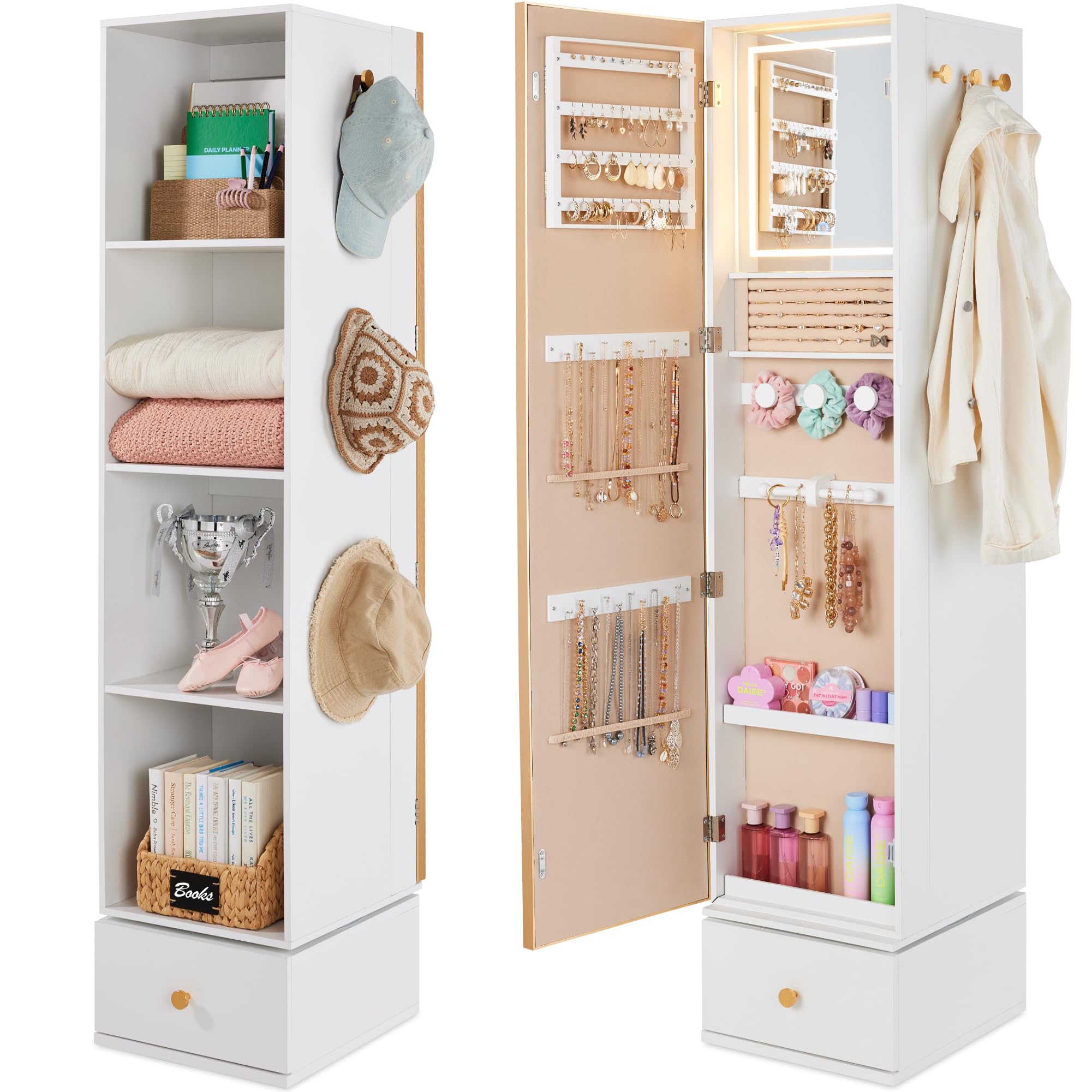 Full Length Mirror Jewelry Armoire - 回転式ミラー付き収納キャビネット、360度回転ジュエリーアルモア（全身鏡付き）、ゴールドメタルフレームタワー（キューブ付き）
