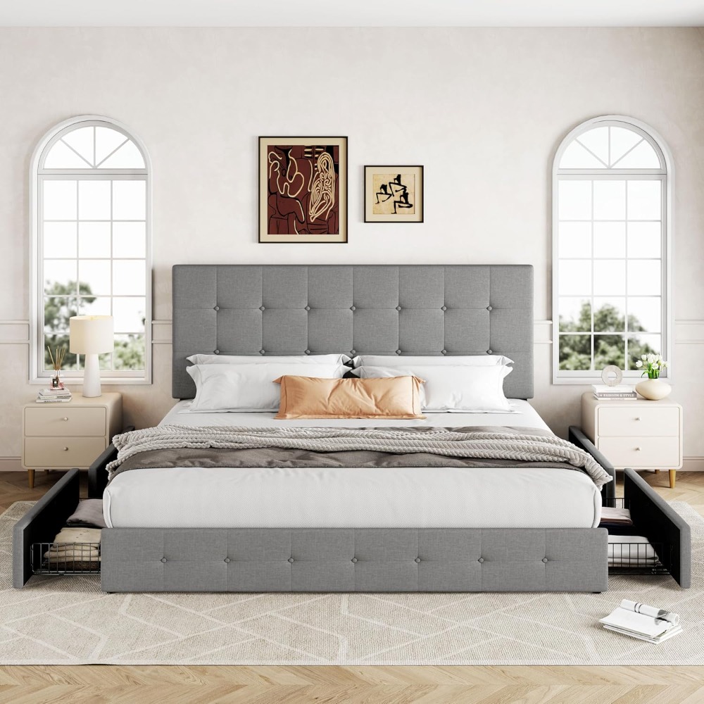 King Size Bed Frame With Storage Drawers - 米国発送 キングサイズ プラットフォームベッドフレーム 収納引き出しとヘッドボード付き ライトグレー