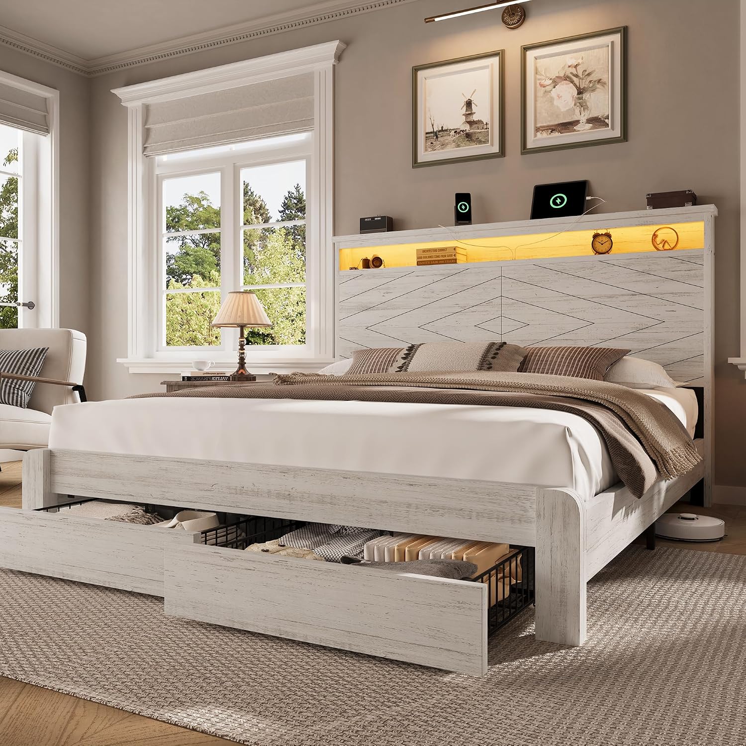 King Size Bed Frame With Storage Drawers - キングサイズ木製プラットフォームベッドフレーム（ヘッドボード付き） | 2つの収納引き出し、LEDライトと充電ステーション、簡単設置、カスタマイズ可能
