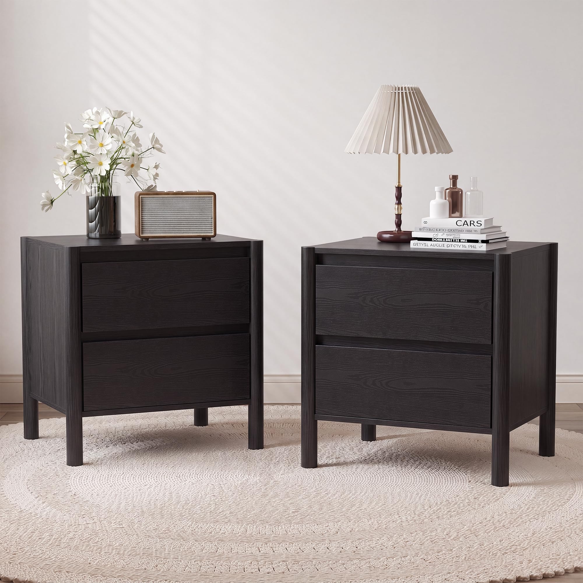 Solid Wood Nightstand 2 Drawers - ミッドセンチュリーモダン ブラック ナイトスタンド 2個セット 寝室用 |