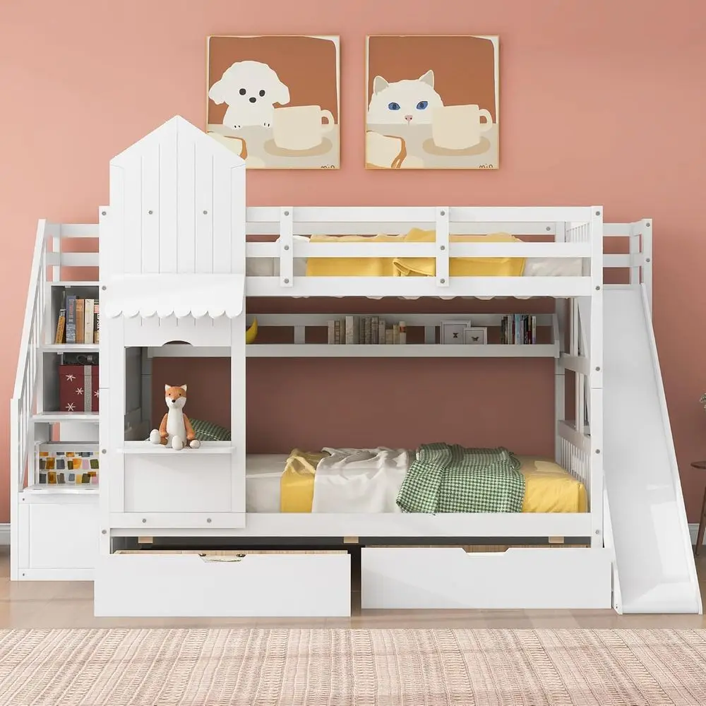 Bunk Bed With Stairs And Slide - ホワイトキッズ二段ベッド、スライドと収納階段付き、フルオーバーフル、男の子と女の子に最適