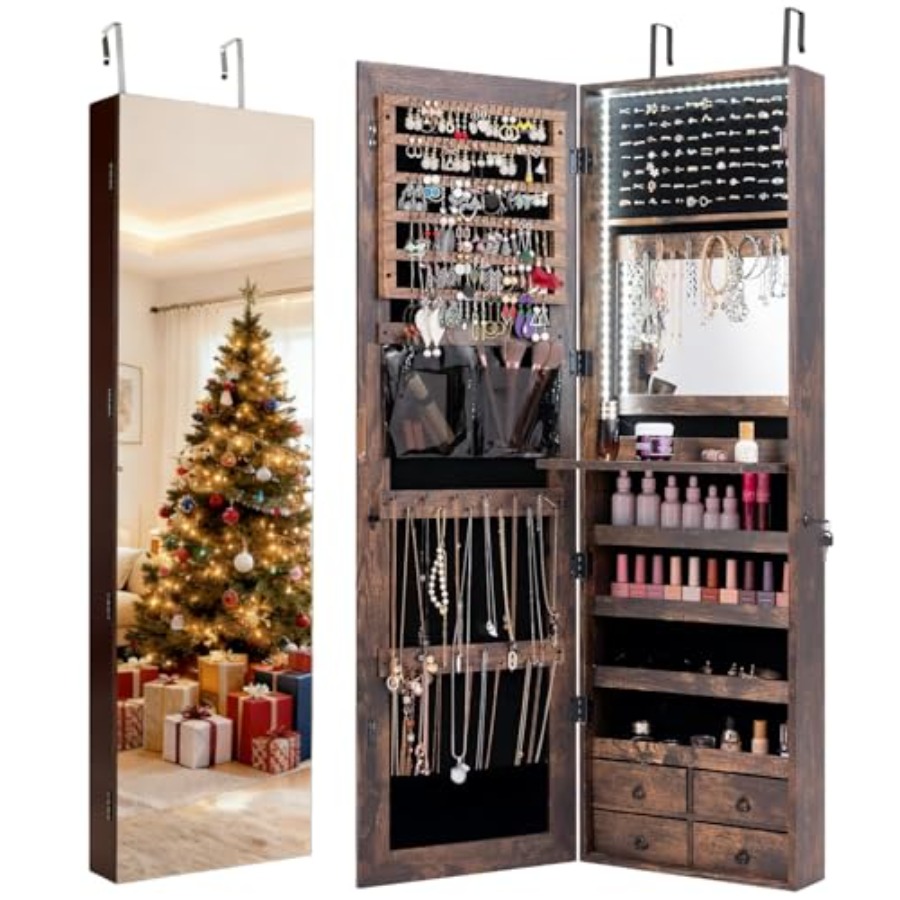 Full Length Mirror Jewelry Armoire - 寝室や化粧台での使用に適した47個のLEDライト付きジュエリーアルモア、素朴なブラウンのMDF材、全身鏡、4段の棚と引き出し、跳ね上げ式扉付き。