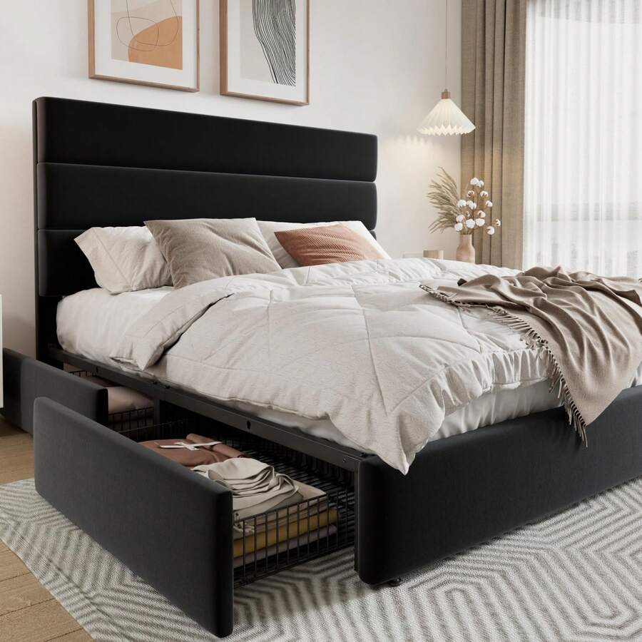 King Size Bed Frame With Storage Drawers - フル/クイーン/キングサイズのプラットフォームベッドフレーム、4つの収納引き出しとベルベット張りのヘッドボード付き、木製スラットサポート、布張りマットレスファンデーション/ボックススプリング不要/簡単組み立て、ブラック