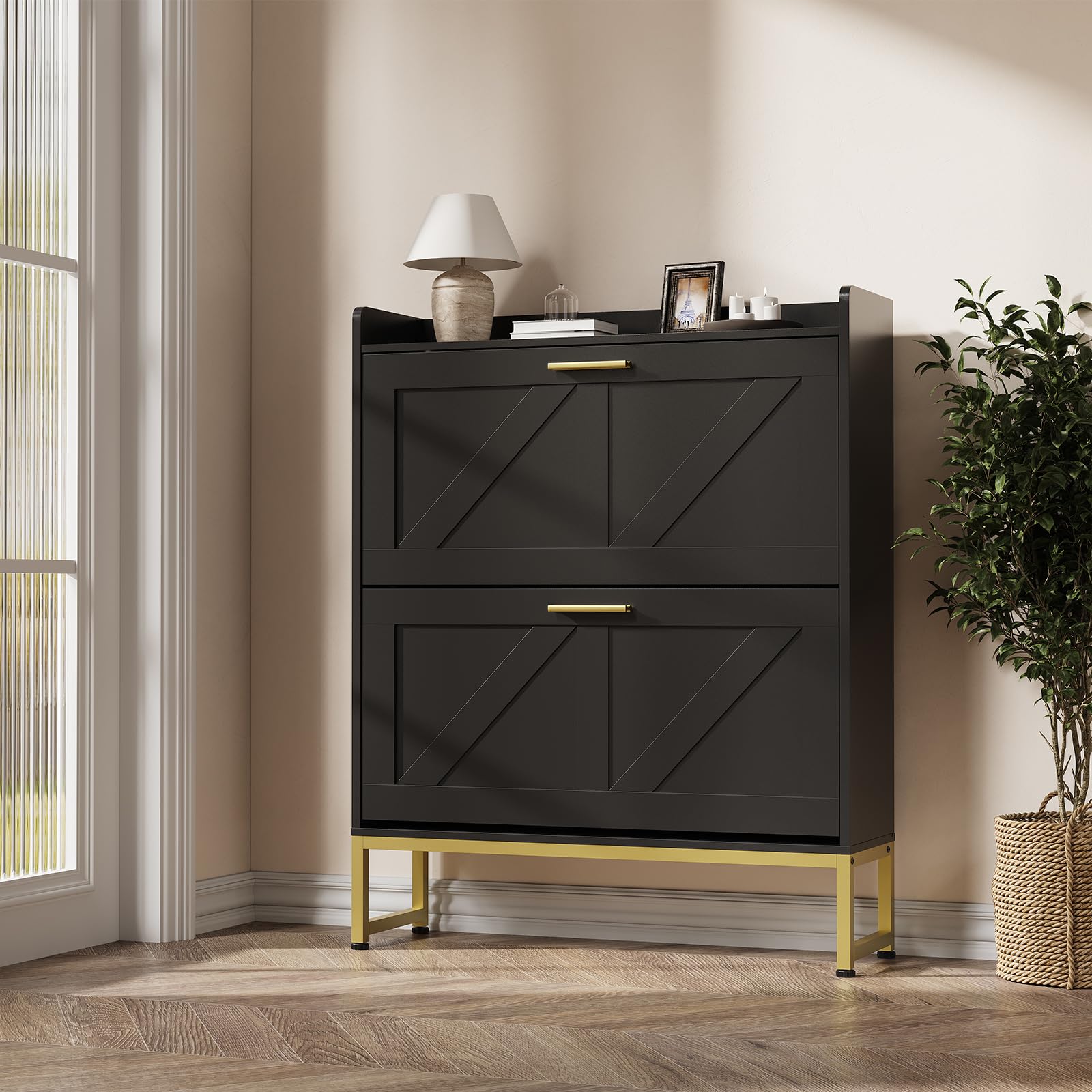 Shoe Rack Cabinet Narrow Entryway - 玄関用の狭い靴箱、2段フリップ式引き出し、調節可能な棚、防塵バックパネル、自立式オーガナイザー付き