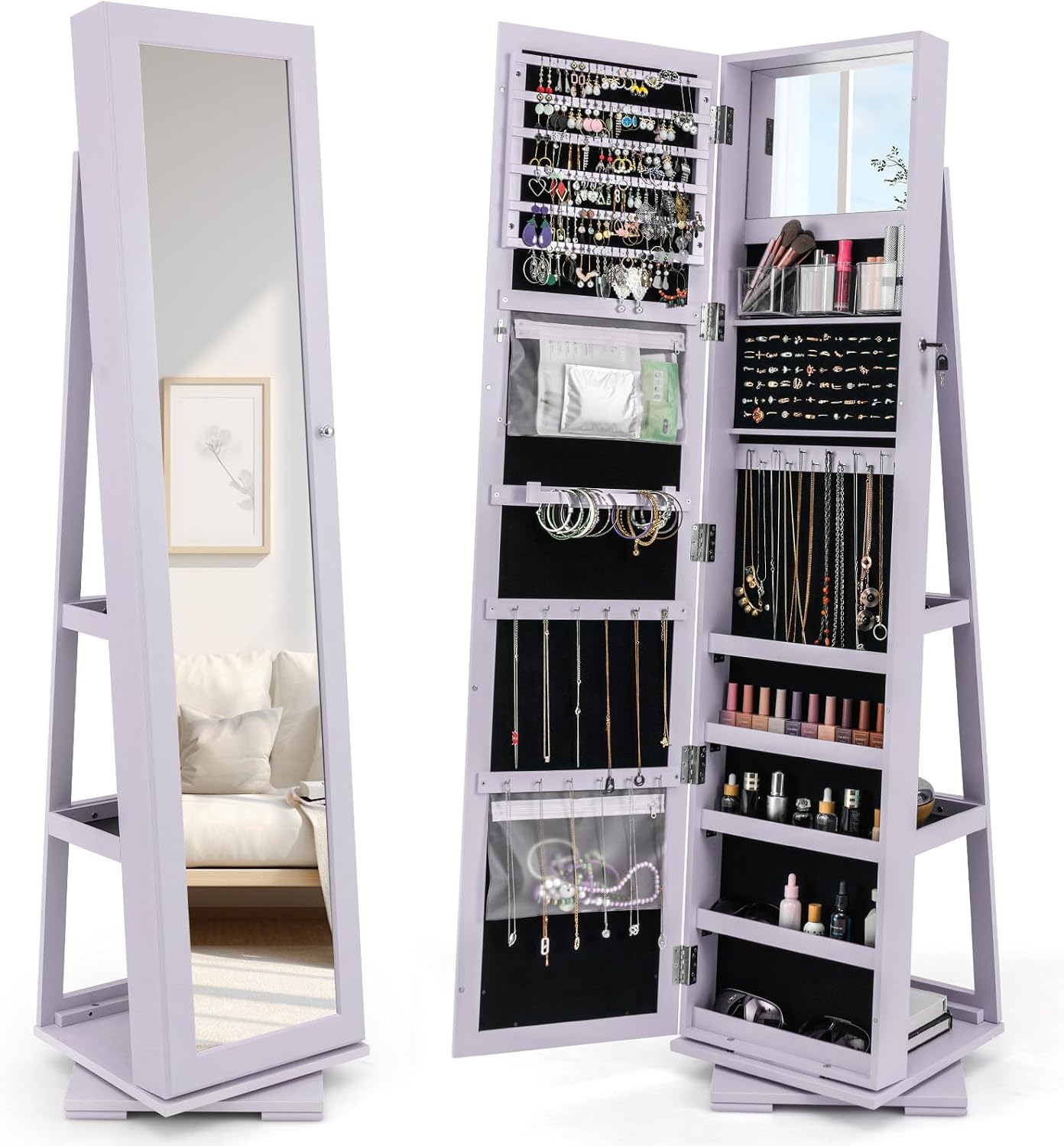 Full Length Mirror Jewelry Armoire - 360度回転式ジュエリーアルモア、全身鏡付き、ロック可能なジュエリーキャビネットオーガナイザー、大容量収納、メイクアップ用Mサイズ