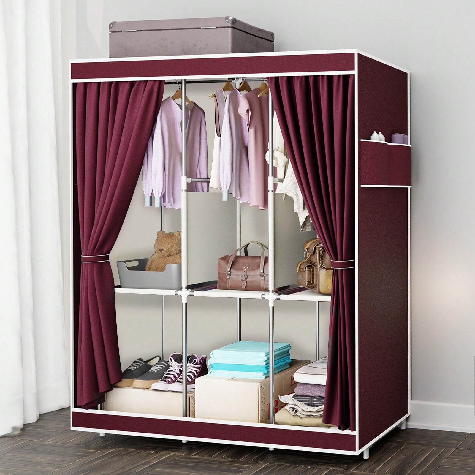 Wardrobe Closet Portable Fabric Cover - 65インチのポータブルワードローブクローゼット、棚と吊り下げロッド付き、大容量の布製収納キャビネット、ジッパーカバー付き、防塵不織布オーガナイザー、寝室寮アパート用、簡単組み立て