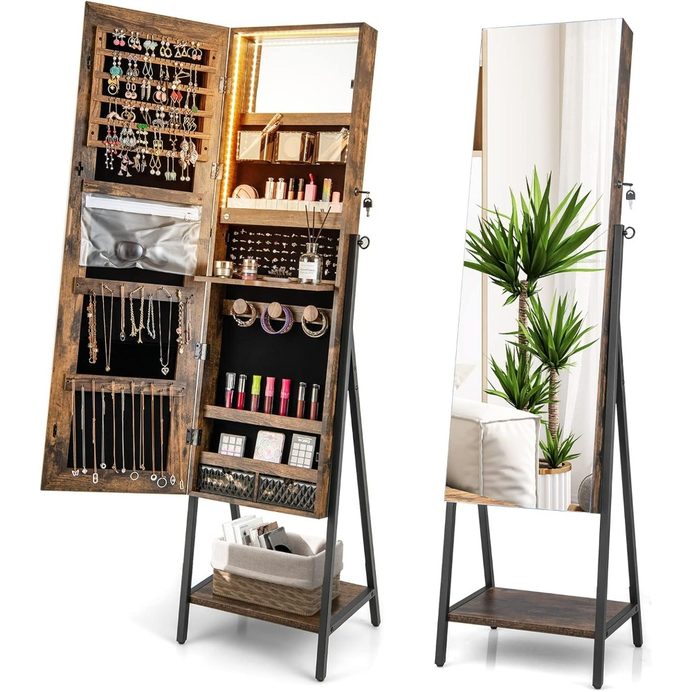 Full Length Mirror Jewelry Armoire - CHARMAID スタンド式ジュエリーアルモア 全身鏡付き ロック可能なジュエリーキャビネットオーガナイザー 3つの照明モードライト付き 折りたたみ式