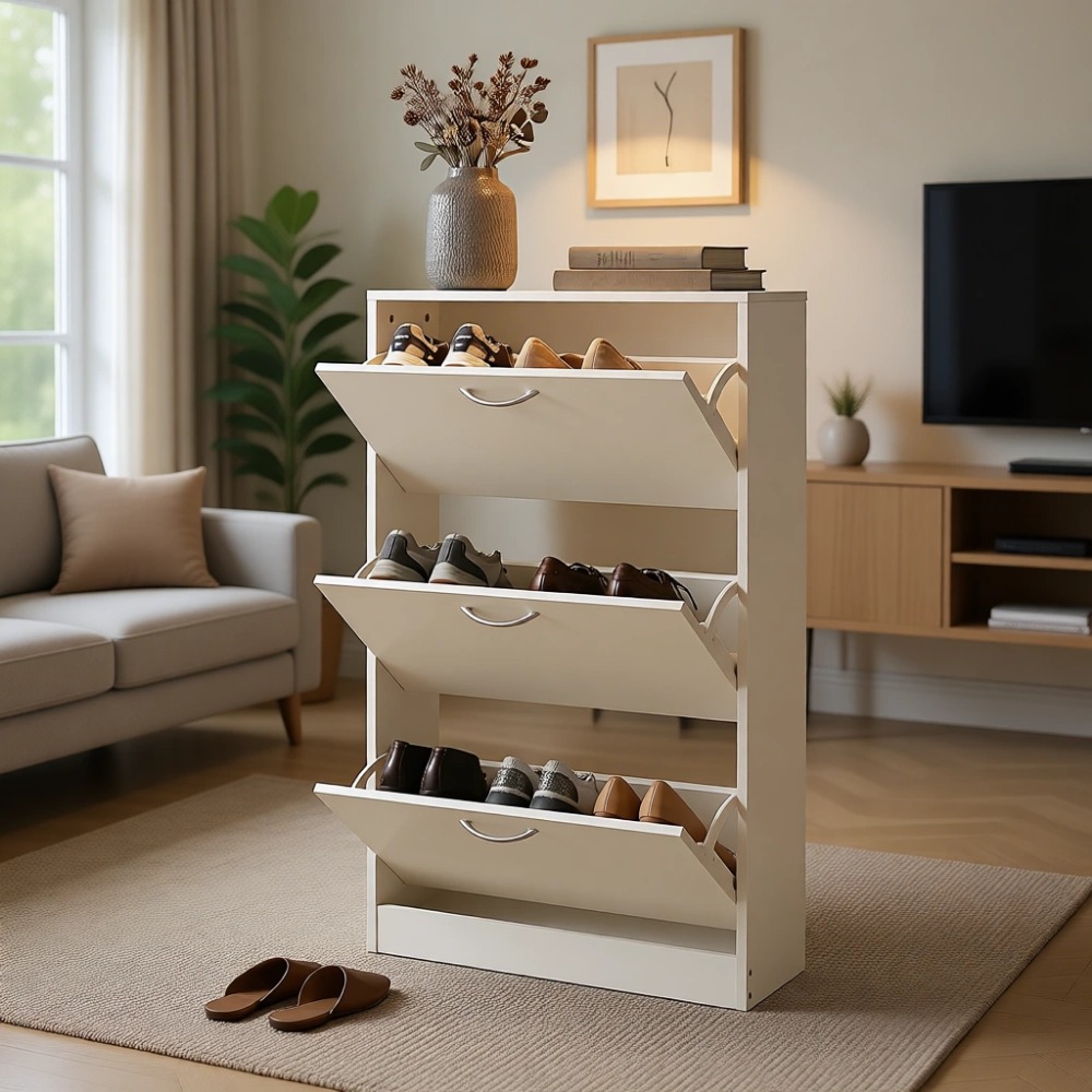 Shoe Rack Cabinet Narrow Entryway - 狭い玄関用シューズキャビネット、3つのフリップドア付き収納 - 家やアパート向けのスリムな木製シューズラックオーガナイザー