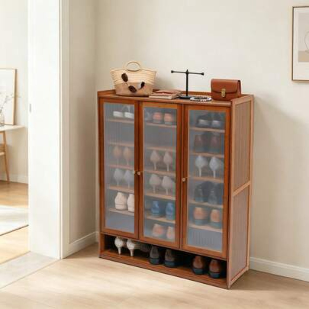 Shoe Rack Cabinet Narrow Entryway - 8段3ドア自立型竹製シューズキャビネット、半透明ドア付き、玄関ホールクローゼット用ブラウンの背の高い細身の収納ラック、省スペース大容量頑丈な室内家具