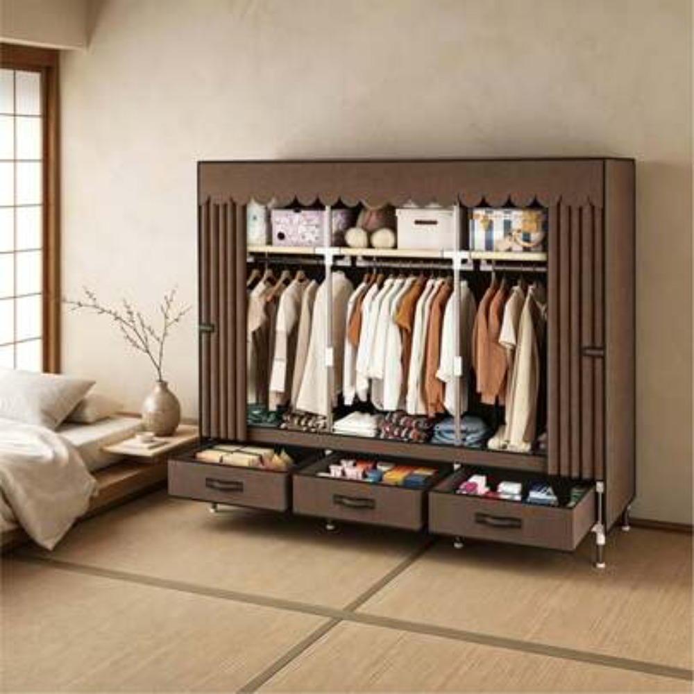 Wardrobe Closet Portable Fabric Cover - 16mmスチールフレームのポータブルワードローブクローゼット、不織布カバー付き自立型衣類ラック、3本のハンガーロッド、3段の棚、3つの引き出し付き、寝室・寮・アパート用クローゼットオーガナイザー、組み立て簡単