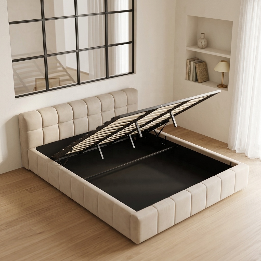 Gas Lift Storage Bed Hydraulic - モダンなタフテッドソフトベッド、収納付き、ガスリフト油圧式、布張り、パイン材フレーム、クイーン＆キングサイズ