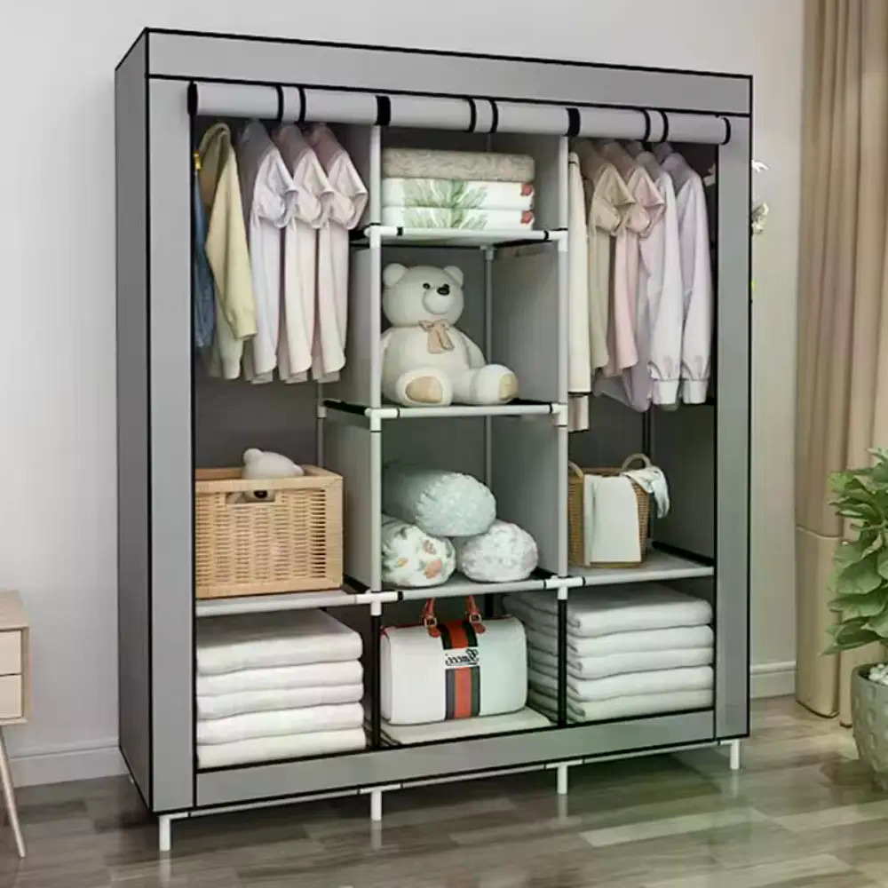 Wardrobe Closet Portable Fabric Cover - 64インチのポータブルカバー付き不織布ワードローブ、多機能折りたたみ式クローゼット、グレーのアパート用家具、室内収納ソリューション