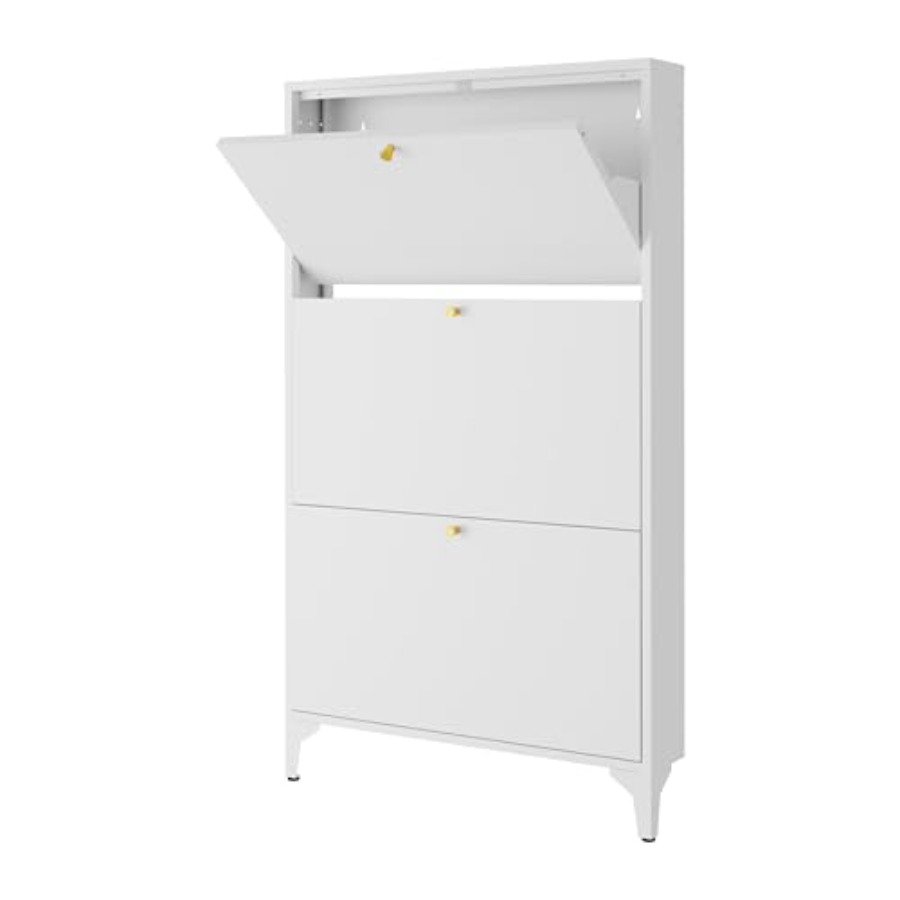 Shoe Rack Cabinet Narrow Entryway - 自立型シューズキャビネット（3つのフリップドア付き）玄関、廊下、リビングルーム用の金属製スリムシューズラック隠し型金属製シューズキャビネット