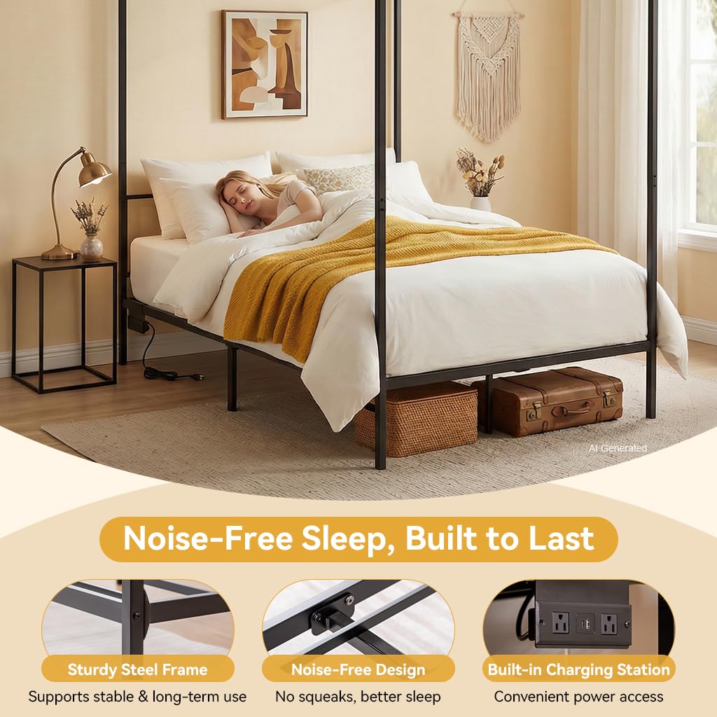 キャノピーベッドフレーム クイーンサイズ メタル製 可動式充 - Canopy Bed Frame Metal Queen のレビューと価格