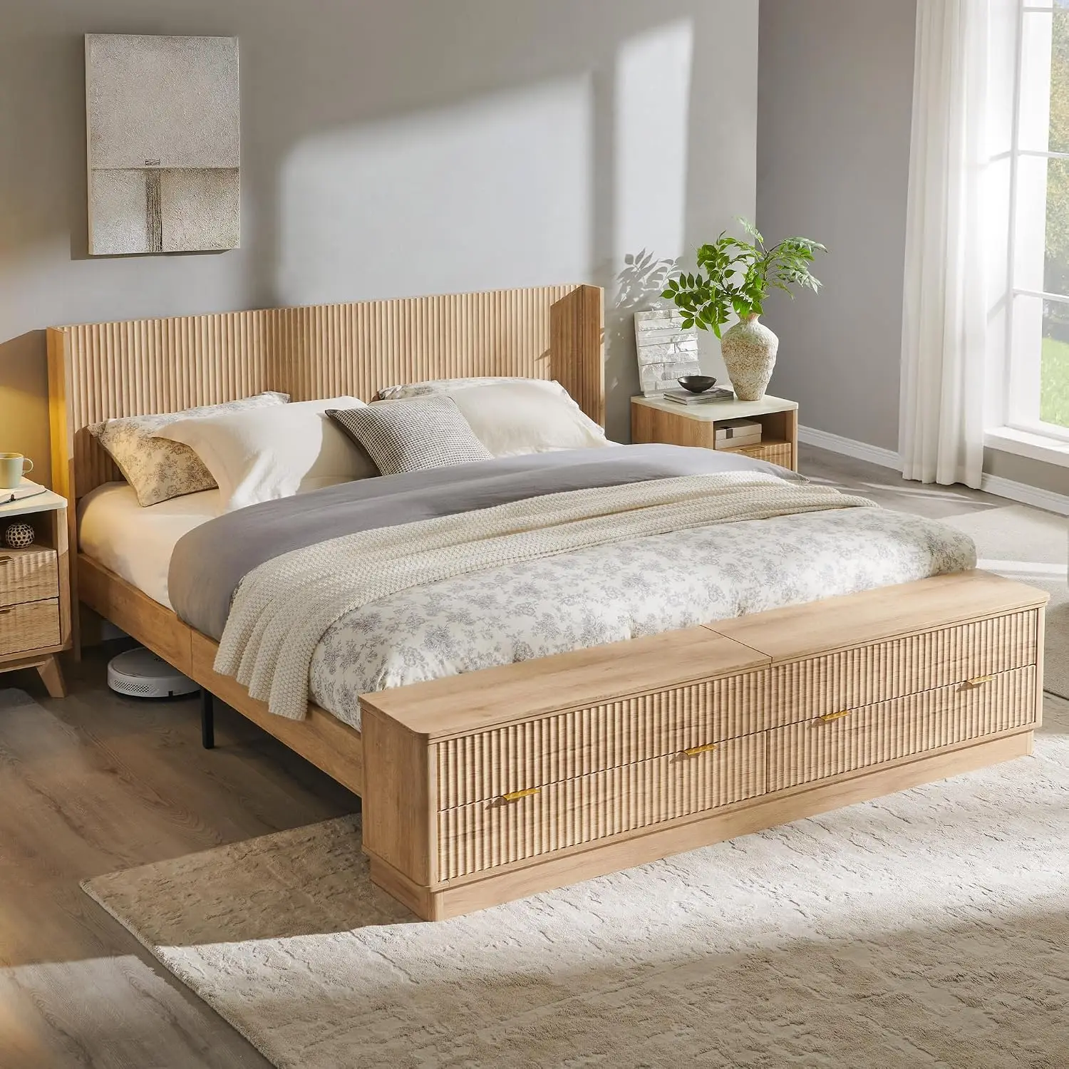 ヘッドボードと収納ベンチ付きの溝付きキングサイズベッドフレー - King Size Bed Frame With Storage Drawers のレビューと価格