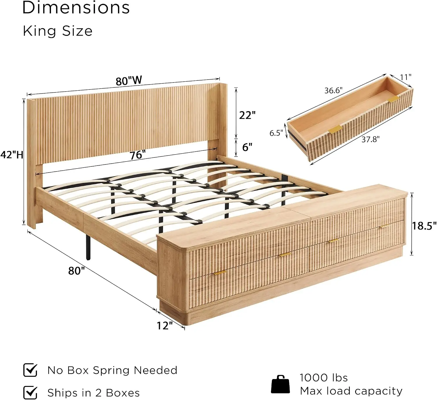ヘッドボードと収納ベンチ付きの溝付きキングサイズベッドフレー - King Size Bed Frame With Storage Drawers のレビューと価格