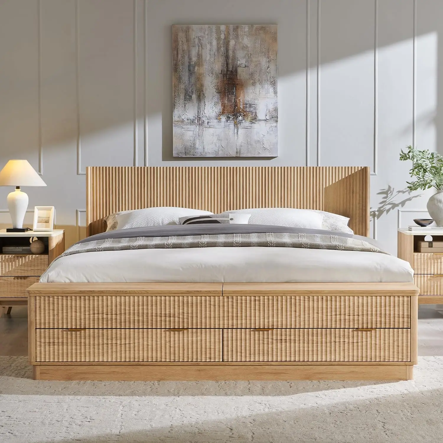 ヘッドボードと収納ベンチ付きの溝付きキングサイズベッドフレー - King Size Bed Frame With Storage Drawers のレビューと価格