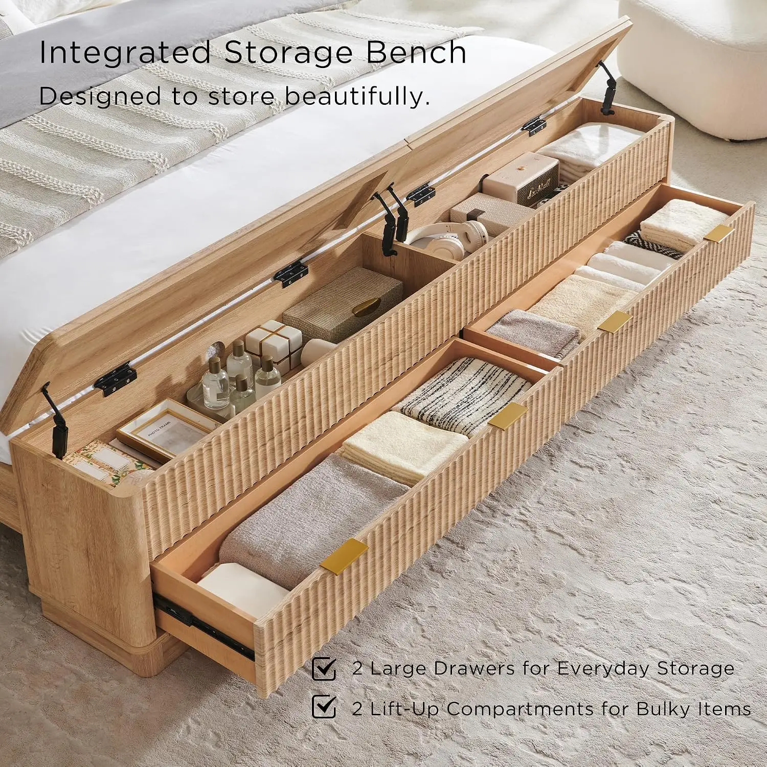 ヘッドボードと収納ベンチ付きの溝付きキングサイズベッドフレー - King Size Bed Frame With Storage Drawers のレビューと価格