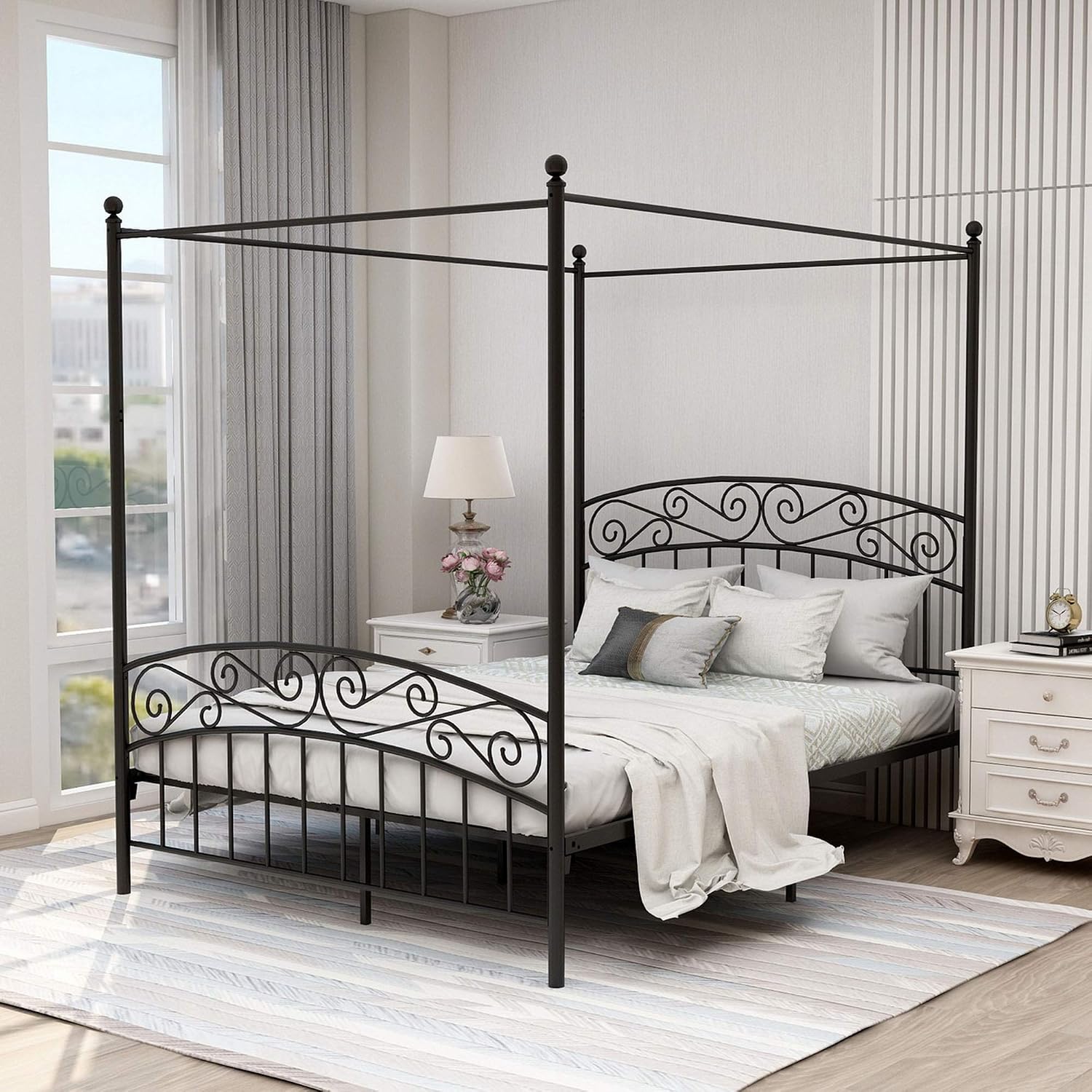 クイーンサイズメタルキャノピーベッドフレーム、ヘッドボード＆ - Canopy Bed Frame Metal Queen のレビューと価格