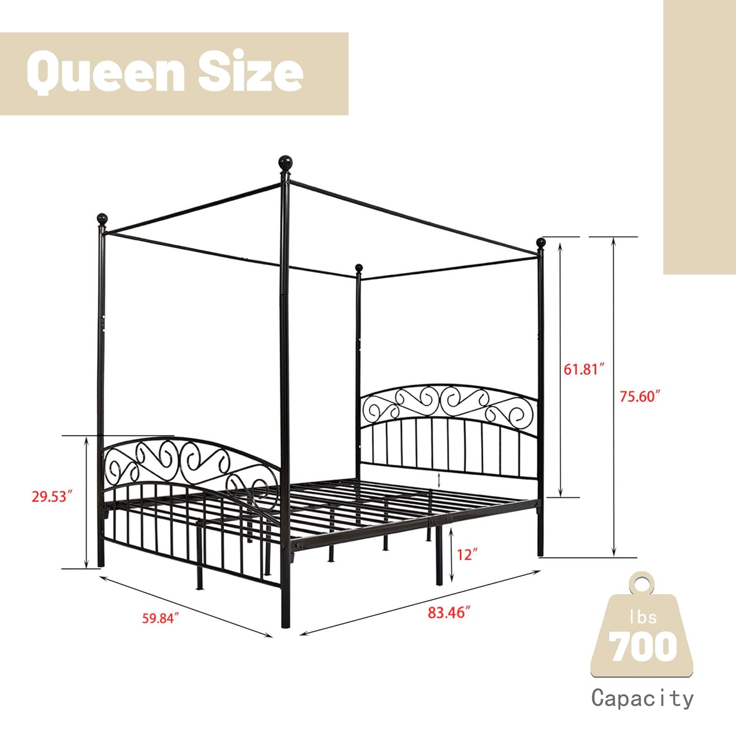 クイーンサイズメタルキャノピーベッドフレーム、ヘッドボード＆ - Canopy Bed Frame Metal Queen のレビューと価格