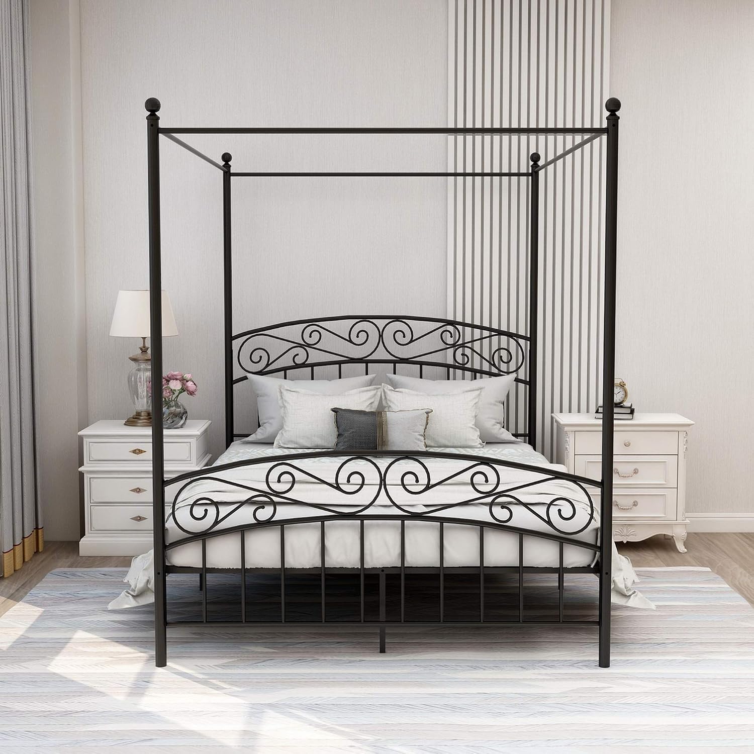 クイーンサイズメタルキャノピーベッドフレーム、ヘッドボード＆ - Canopy Bed Frame Metal Queen のレビューと価格