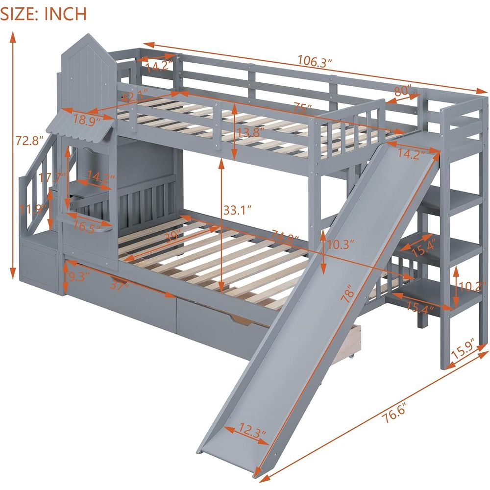 子供用二段ベッド（階段と滑り台付き）、木製ツインオーバーツイ - Bunk Bed With Stairs And Slide のレビューと価格