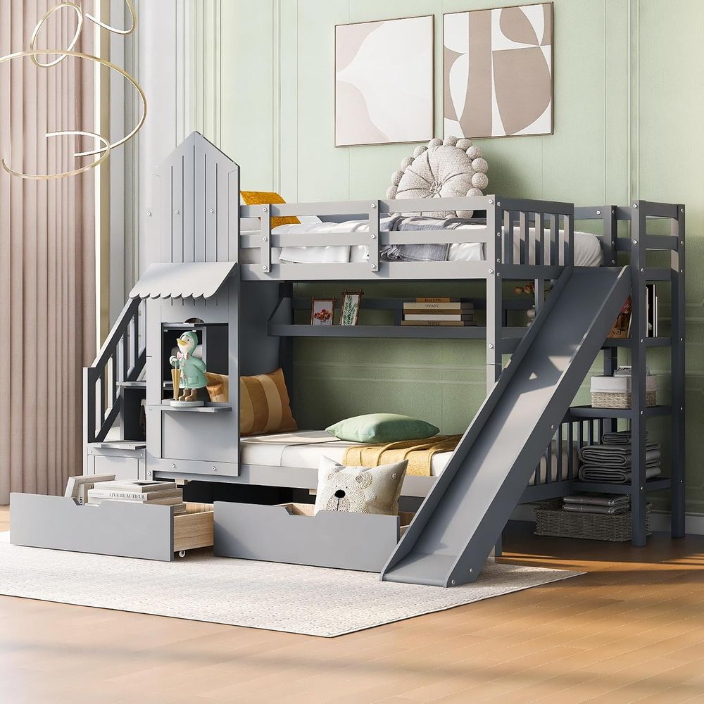 子供用二段ベッド（階段と滑り台付き）、木製ツインオーバーツイ - Bunk Bed With Stairs And Slide のレビューと価格