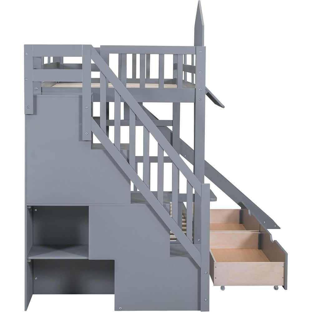 子供用二段ベッド（階段と滑り台付き）、木製ツインオーバーツイ - Bunk Bed With Stairs And Slide のレビューと価格