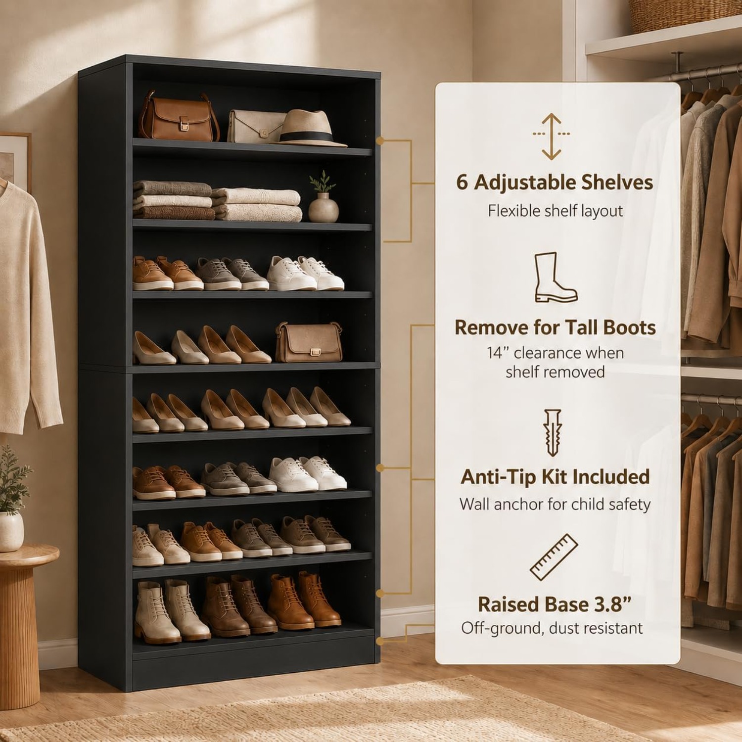 9段の背の高い靴棚キャビネット、クローゼットと玄関用、ブラッ - Shoe Rack Cabinet Narrow Entryway のレビューと価格