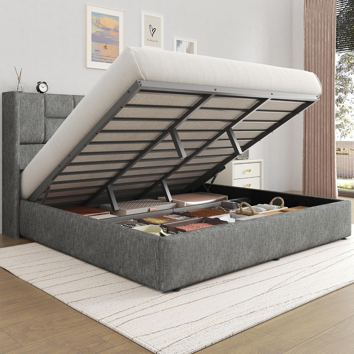 キングベッドフレーム、油圧式ガスリフト収納付き、カスタマイズ - Gas Lift Storage Bed Hydraulic のレビューと価格