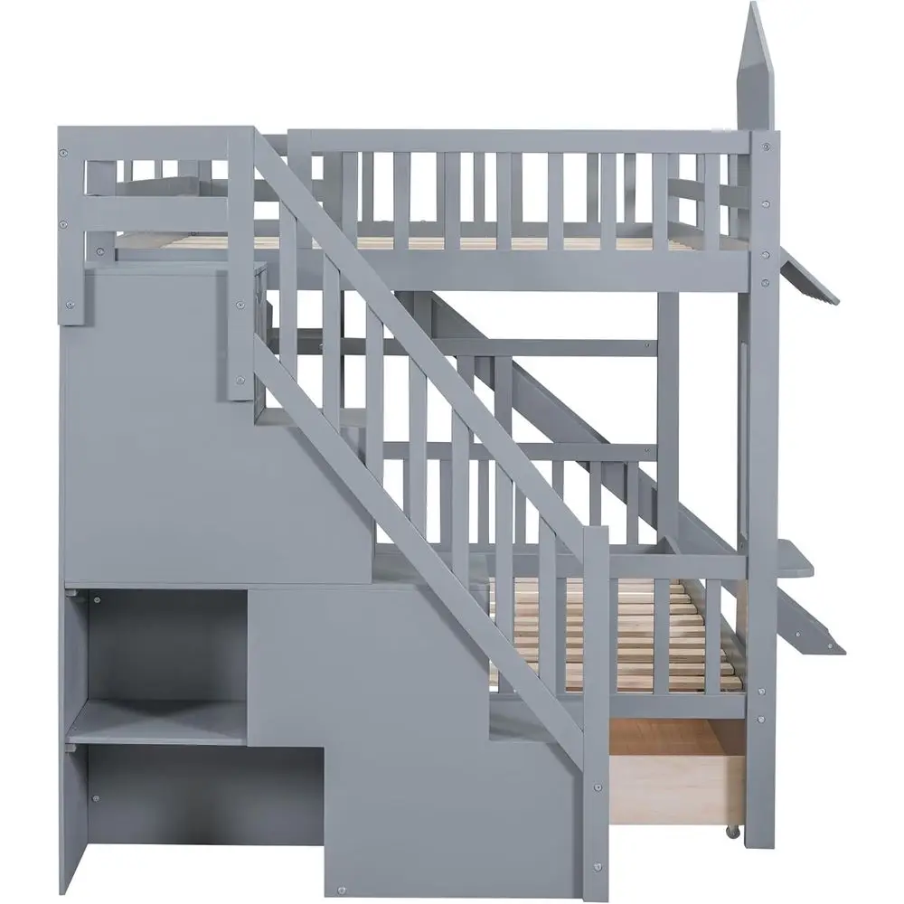 フルサイズのオーバーフル二段ベッド、階段、スライド、収納引き - Bunk Bed With Stairs And Slide のレビューと価格