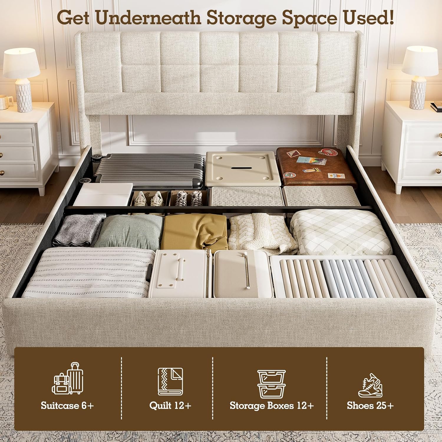 リネン張りキングベッドフレーム、油圧式ガスリフト収納、カスタ - Gas Lift Storage Bed Hydraulic のレビューと価格