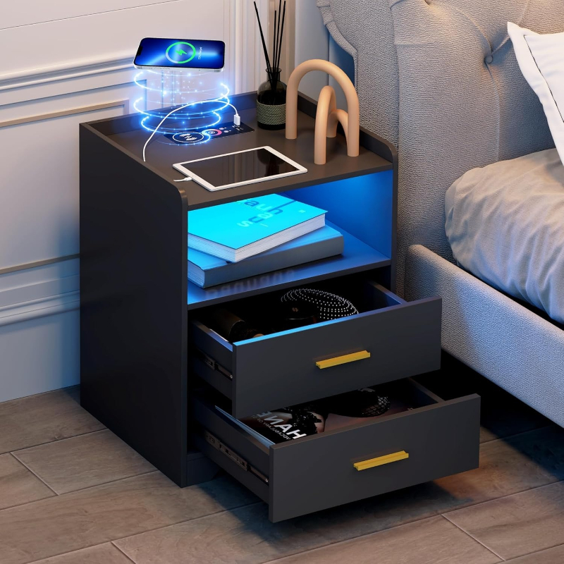 充電ステーション付きブラックLEDナイトスタンド モダンな2 - Solid Wood Nightstand 2 Drawers のレビューと価格