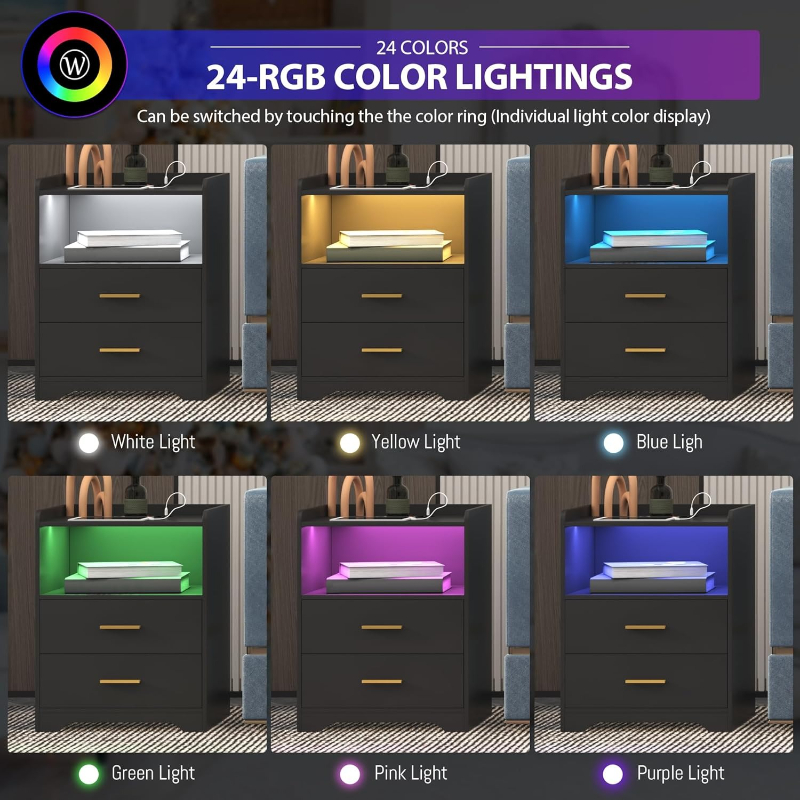 充電ステーション付きブラックLEDナイトスタンド モダンな2 - Solid Wood Nightstand 2 Drawers のレビューと価格