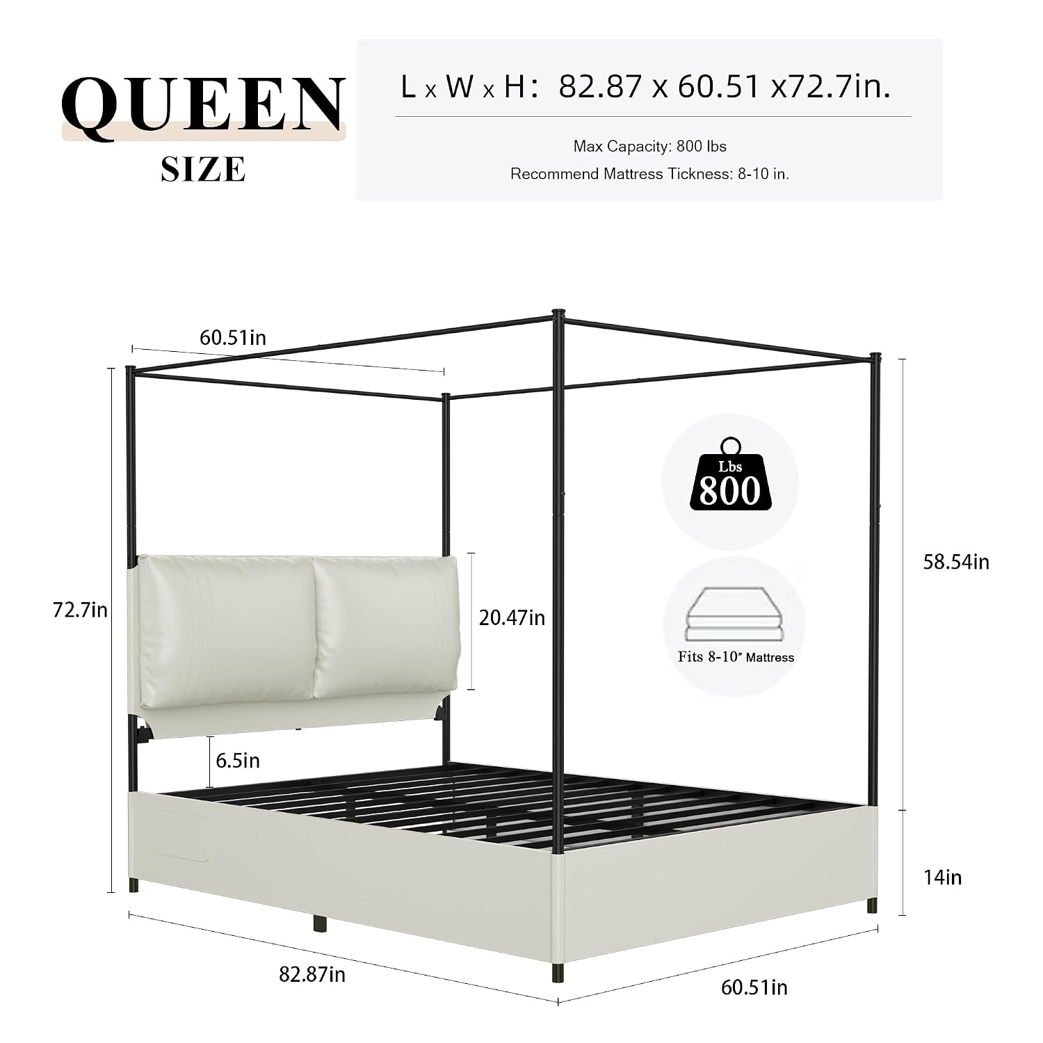 クイーンサイズのキャノピーベッドフレーム、布張りヘッドボード - Canopy Bed Frame Metal Queen のレビューと価格
