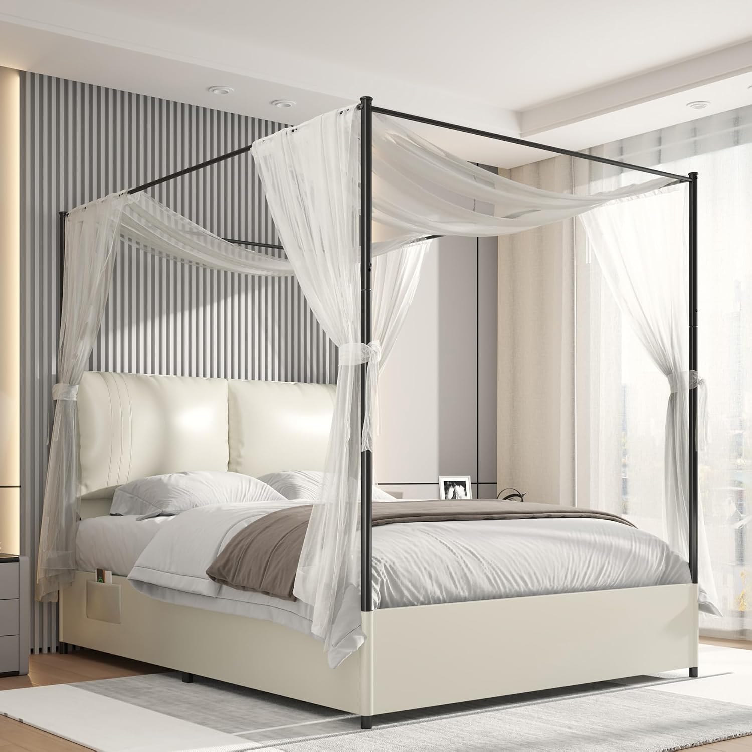 クイーンサイズのキャノピーベッドフレーム、布張りヘッドボード - Canopy Bed Frame Metal Queen のレビューと価格